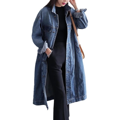 Jofemuho Womens Classic Long Jean Jacket Plus Size Loose Long Sleeve Button Down Denim Jacket Trench Coat