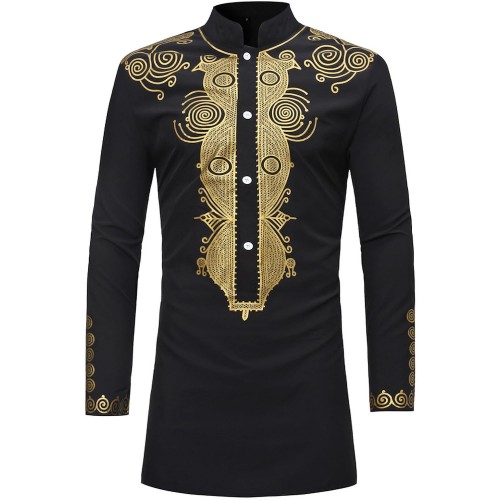 HEFASDM Men's Long Sleeve African Dashiki Traditional Gold Print Button Down Shirts