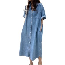  Jofemuho Women Denim Shirt Dresses Short Sleeve Long Button Down Shirt Dress