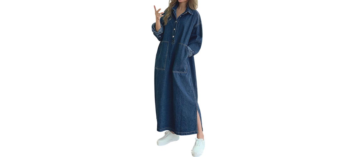 Womens Spring Fall Long Sleeve Denim Dress Maxi Shirt Dress