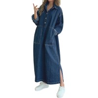  Jofemuho Womens Spring Fall Long Sleeve Denim Dress Maxi Shirt Dress with Split 