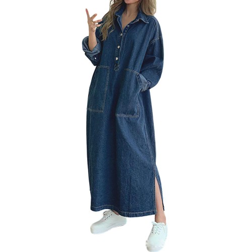  Jofemuho Womens Spring Fall Long Sleeve Denim Dress Maxi Shirt Dress with Split 